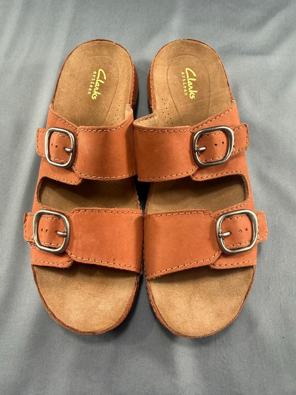 Clarks Artisan Cecily Step Sandals Burnt Orange Leather Buckle Slides Women 9.5N
